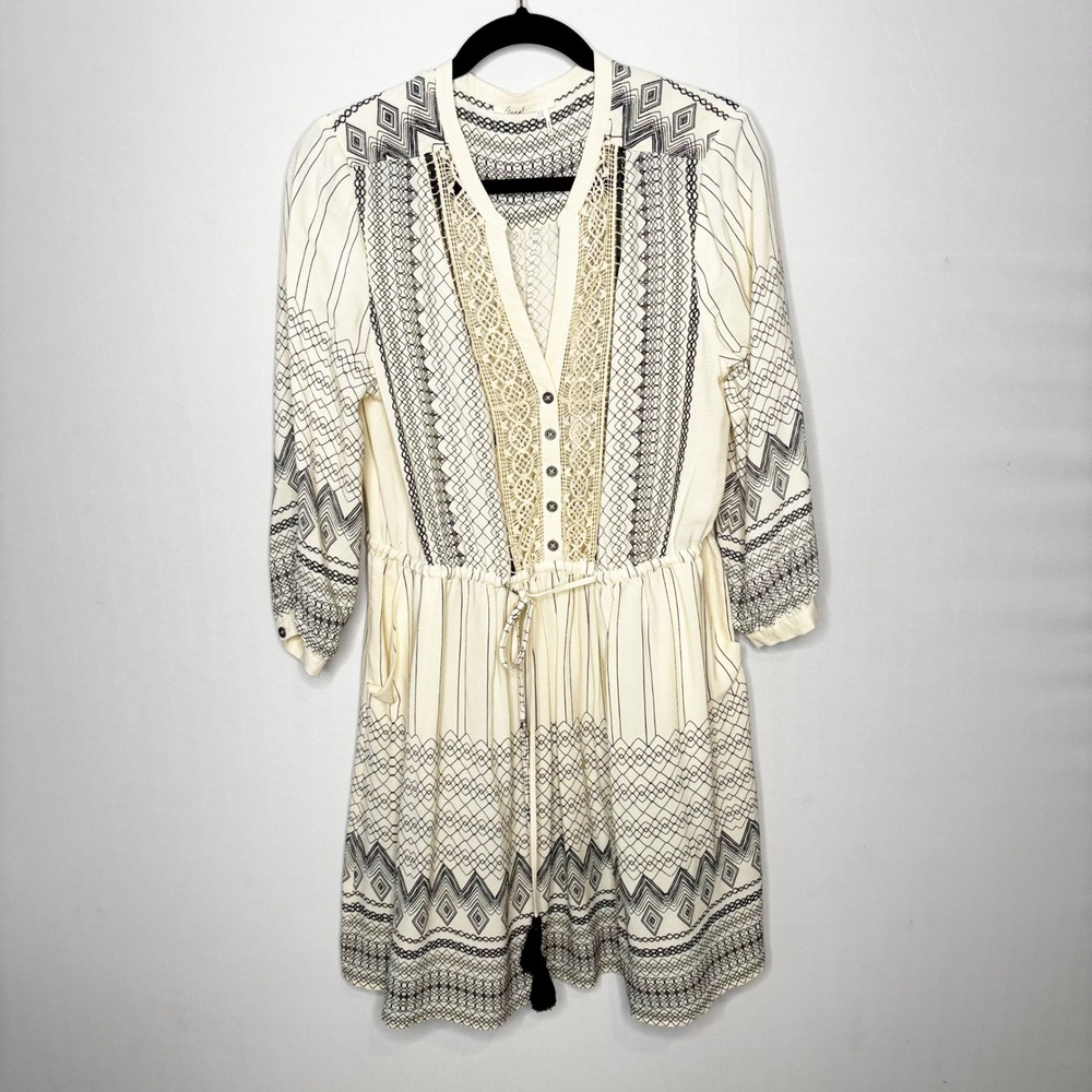 Floreat Boho Mini Dress Size 12P Cream‎ Black Geometric Embroidered Tassel Tie